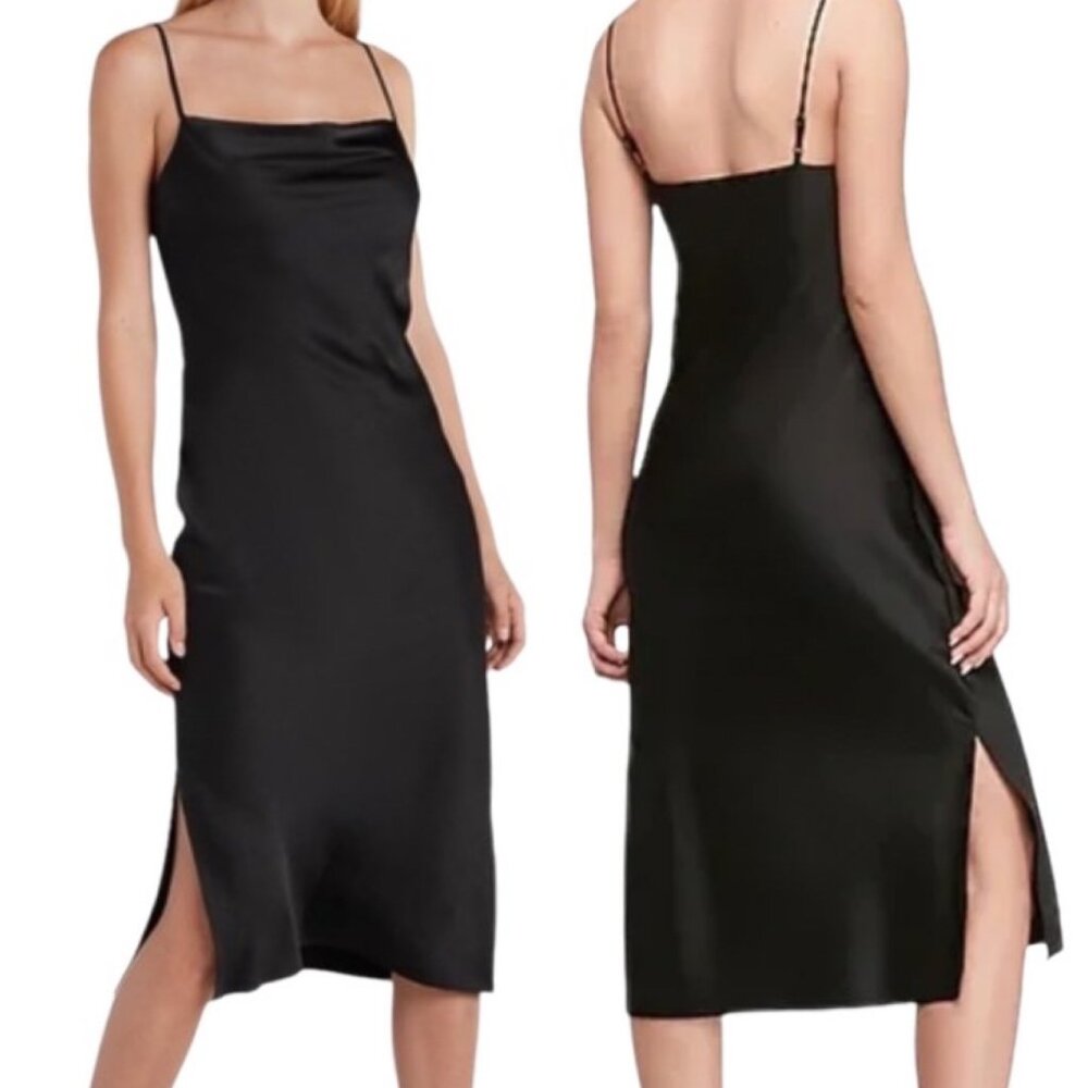 Express Cowl Neck Side Slits Satin Sleeveless Midi Slip Dress in Black Size S